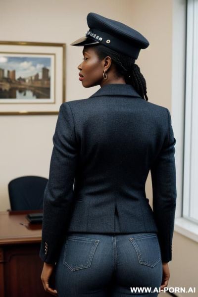 Ebony mature voman, vintage blue mom jeans, pear ass, blazer, oxford shoes, police cap - ai-porn.ai on pornsimulated.com