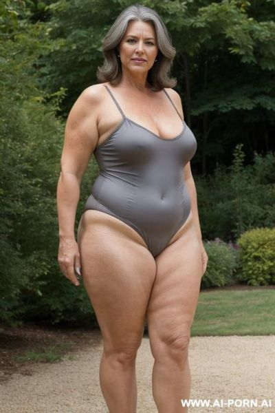 Mature suburban granny, brown hair with long gray highlights. tanlines, very wide hips, thick thighs, open stance, in back yard - ai-porn.ai on pornsimulated.com