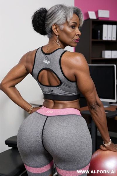 Ebony granny, pretty face, round ass, shiny pink granny panties, sneakers, socks, wristbands - ai-porn.ai on pornsimulated.com