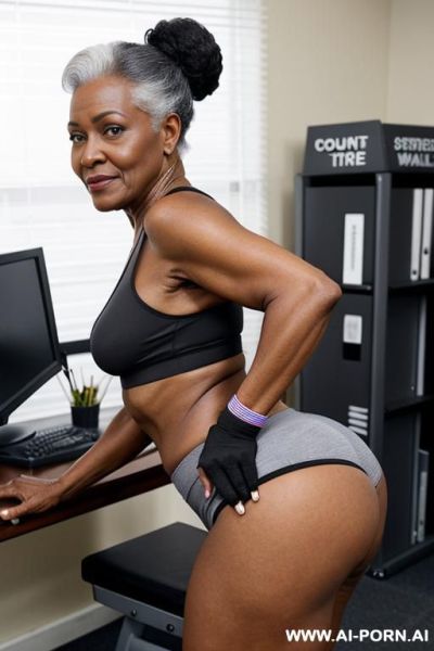 Ebony granny, pretty face, round ass, granny panties, sneakers, socks, wristbands - ai-porn.ai on pornsimulated.com