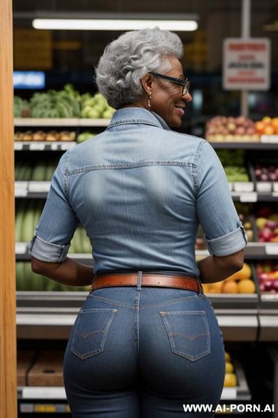 Ebony granny, pretty face, round ass, vintage straight blue jeans , leather belt, oxford shoes, glasses with frames, from behind, full body - ai-porn.ai on pornsimulated.com