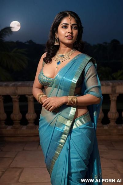 An ancient indian chubby queen in a blue sari kisses her full naked female servant with shaved vagina under the moon - ai-porn.ai - India on pornsimulated.com