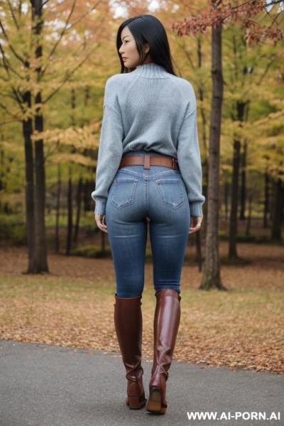 Asian, nice ass, vintage blue jeans, leather belt, sweater, riding flats long brown boots, full view - ai-porn.ai on pornsimulated.com