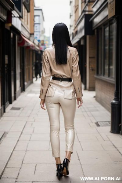 Asian, beige leather pants, leather belt, oxford shoes. street walking, from behind - ai-porn.ai on pornsimulated.com
