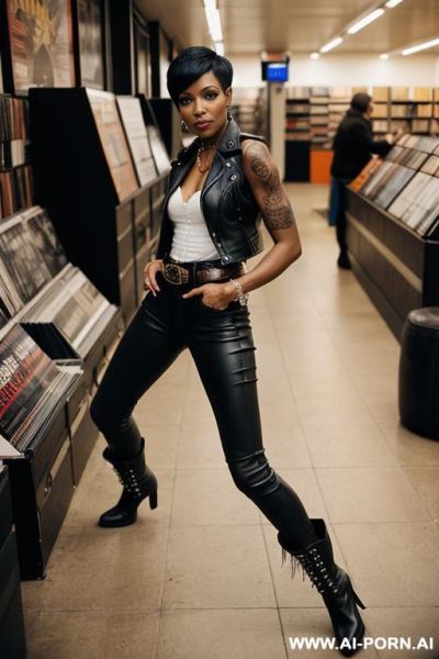 Ebony mature woman, orange leather pants, pear ass, leather belt, brown ridding flats long boots - ai-porn.ai on pornsimulated.com