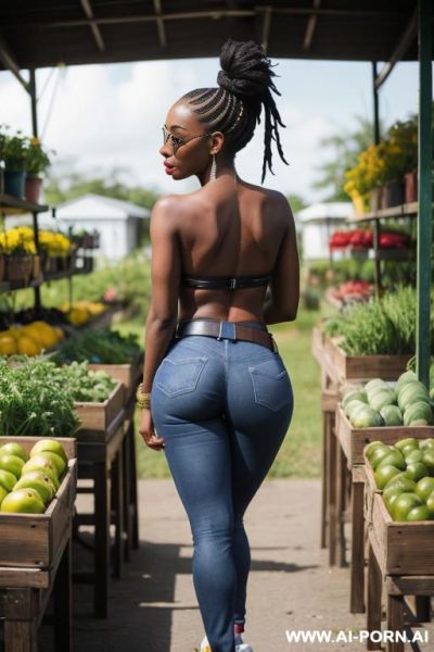 Ebony, bubble butt, straight blue jeans, leather belt, canvas high sneakers, full shot - ai-porn.ai on pornsimulated.com