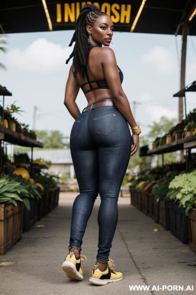 Ebony, thick ass, straight blue jeans, leather belt, golden football sneakers, full shot - ai-porn.ai on pornsimulated.com