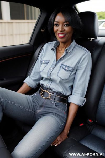 Ebony mature woman, straight blue jeans, belt, pear ass, oxford shoes - ai-porn.ai on pornsimulated.com