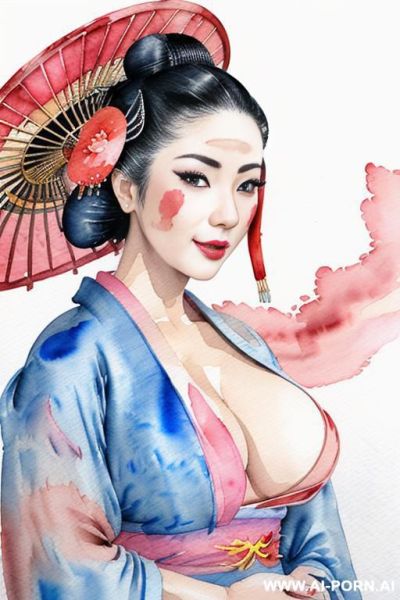 ((((showing tits)))) ((((geisha)))) ((((image comic-drawing watercolor style)))) down level shot boobs in closedup ((((open kimono)))) ((((seductive gaze)))) pretty geisha woman full lips smile shocked face - ai-porn.ai on pornsimulated.com