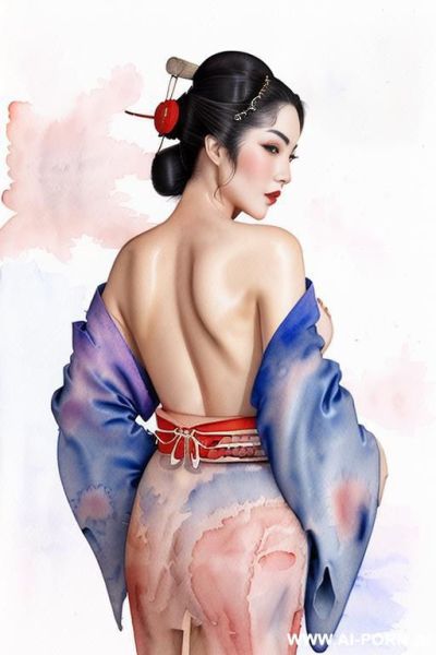 ((((image comic-drawing watercolor style)))) down level shot ((((seductive gaze)))) ((((geisha)))) smile shocked face bending over standing on , ((((kimono d over the shoulders)))) , ((((topless)))) , - ai-porn.ai on pornsimulated.com