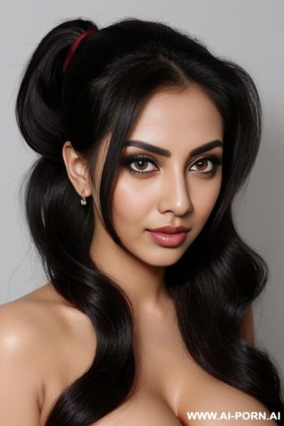 Totally naked wavy hairs in raised thick fluffy fashionable wide ponytail big eyes busty cleavage high resolution realistic skin big black eyes thick eyelashes makeup - ai-porn.ai on pornsimulated.com