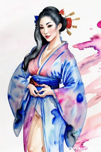 ((((open kimono)))) ((((image comic-drawing watercolor style)))) down level shot ((((seductive gaze)))) ((((geisha)))) smile shocked face bending over standing on , open kimono , topless , muscle fit , - ai-porn.ai on pornsimulated.com