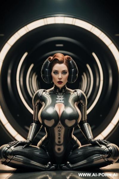 By giger. a ginger woman with wide hips is trapped on her back wi the coils of an giant anaconda. in the giger style. she looks into the camera with a pleading expression. it coils its body between her legs. by giger. in the giger style. - ai-porn.ai on pornsimulated.com