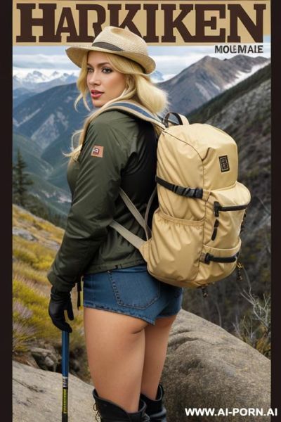 Cover of hiking magazine, big letters, backpack, high boots, fisher-man hat, hairy crotch, - ai-porn.ai on pornsimulated.com