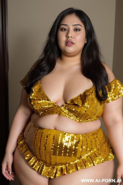 Half body photo shot close up. a ((asian obese fat bbw bald woman)), ((thick with love handless)). ((wearing a yellow sexy and sci-fi garter belt lingerie, and a dark-red ruffle sequins silk micro-skirt)). she is bald, she is jumping - ai-porn.ai on pornsimulated.com