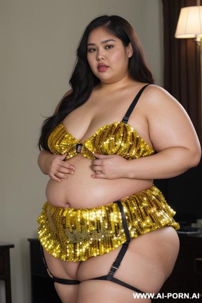 Half body photo shot close up. a ((asian obese fat bbw bald woman)), ((thick with love handless)). ((wearing a yellow sexy and sci-fi garter belt lingerie, and a dark-red ruffle sequins silk micro-skirt)). she is jumping - ai-porn.ai on pornsimulated.com
