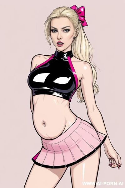 (((image comic-drawing modern style)))!!! ((keep face)), perfect woman, pretty face, pregnant, lactating white skin, blond hair, and pregnant model with shiny black and latex catsuit revealing tits and - ai-porn.ai on pornsimulated.com