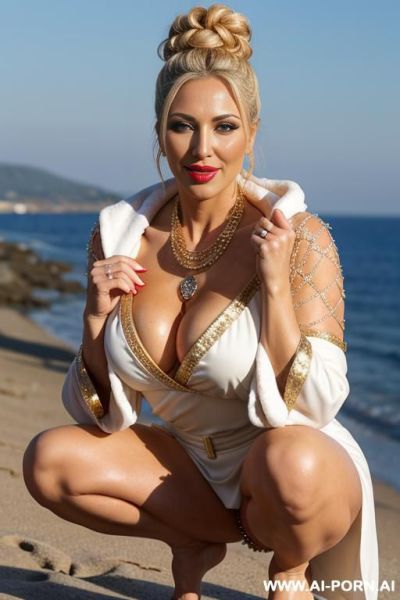 A beautiful, luxurious, sexy, and attractive mature woman (milf) portraying an ancient russian goddess; wearing a layered rhinestone chest chain, bra chain, and body elry. - ai-porn.ai - Russia on pornsimulated.com