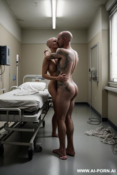 ((very old mature saggy wrinkled submissive grandma hugging and kissing superior misogynistic muscular thirty year old bald man)) ((completely nude barefoot)) ((man standing on floor hugging and - ai-porn.ai on pornsimulated.com