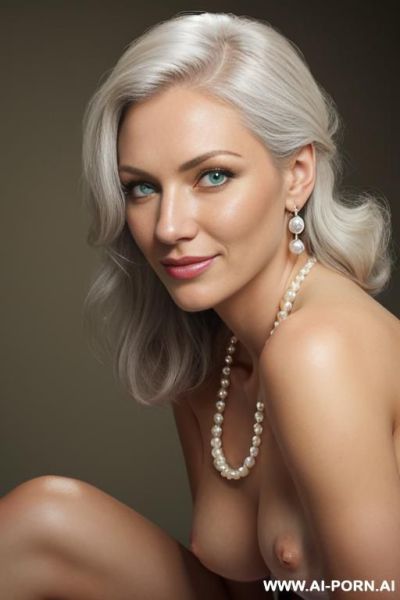 Create a close-up portrait of a woman with long, wavy light-brown hair, wearing a purple beaded necklace with white accents and pearl earrings. she should have a subtle smile, green-blue eyes, - ai-porn.ai on pornsimulated.com