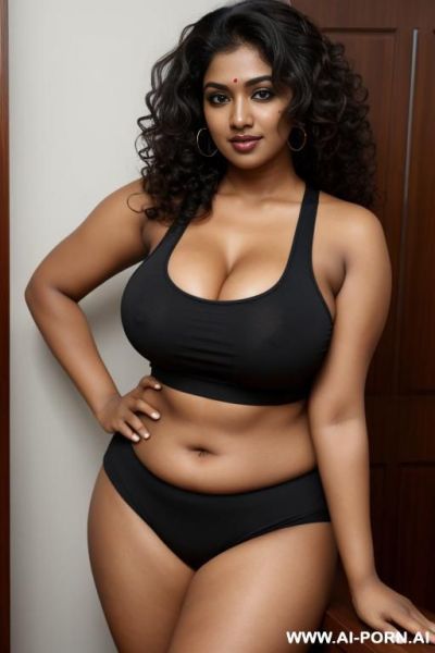 Thick curly hair indian woman in tank top with big boobs and body. slightly darker skin tone - ai-porn.ai - India on pornsimulated.com
