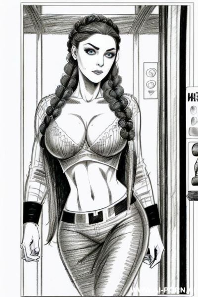 ((((mediun body shot)))) ((((image comic-drawing pencil style)))) down level shot boobs close up ((((into elevator)))) ((((security guard)))) ((((walking sexy pose)))) ((((looking at the horizon)))) ((((big - ai-porn.ai - Italy on pornsimulated.com
