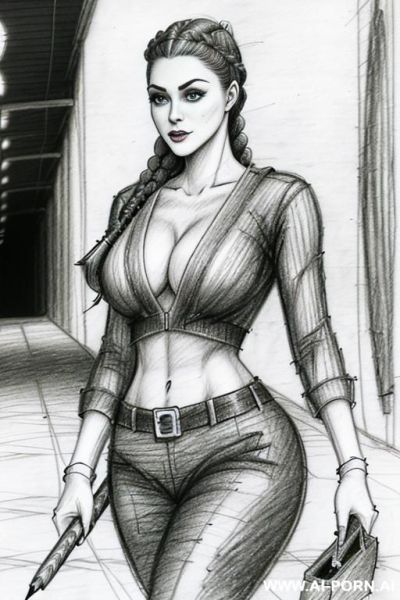 ((((mediun body shot)))) ((((image comic-drawing pencil style)))) down level shot boobs close up ((((landscape underground parking )))) ((((security guard)))) ((((walking sexy pose)))) ((((looking at the - ai-porn.ai - Italy on pornsimulated.com