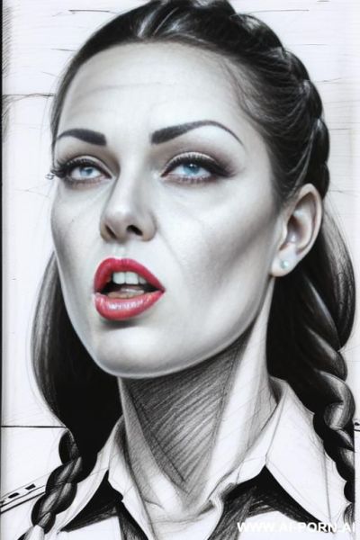 ((((image comic-drawing pencil style)))) down level shot ((((face close up)))) ((((front face)))) ((((security guard)))) ((((open mouth)))) ((((very open big eyes)))) pretty italian woman full red lips, - ai-porn.ai - Italy on pornsimulated.com