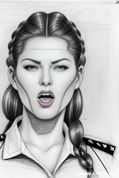 ((((image comic-drawing pencil style)))) down level shot ((((face close up)))) ((((front face)))) ((((security guard)))) ((((open mouth)))) ((((eyes very very open)))) pretty italian woman full red lips, - ai-porn.ai - Italy on pornsimulated.com