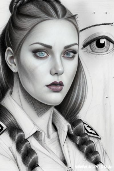 ((((image comic-drawing pencil style)))) up level shot ((((face close up)))) ((((front face)))) ((((security guard)))) ((((huge eyes)))) ((((very very open eyes)))) pretty italian woman full red lips, - ai-porn.ai - Italy on pornsimulated.com