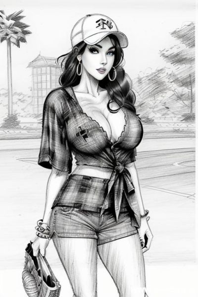 ((((image comic-drawing pencil style))) (((full body shot))), (at the sunset) (oíl skin body) , (hoop earrings), long, thick, brunette pixie haircut, (sexy slut), (((most beautiful woman ever))), (in - ai-porn.ai on pornsimulated.com