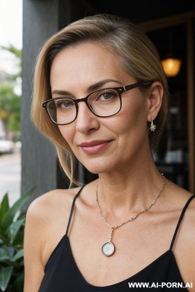 A close-up portrait of a older woman in her mid-forties, centered in the frame, with her head tilted slightly. she has blonde hair pulled back, featuring a pair of dark-framed glasses perched - ai-porn.ai on pornsimulated.com