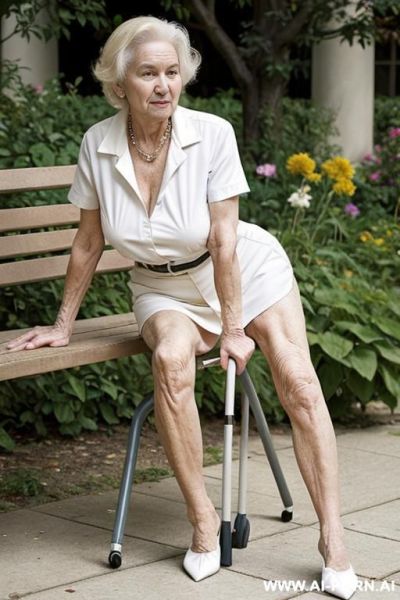Very old woman, sagging skin, very old body, very older woman leaning on a cane in the hospital garden - ai-porn.ai on pornsimulated.com