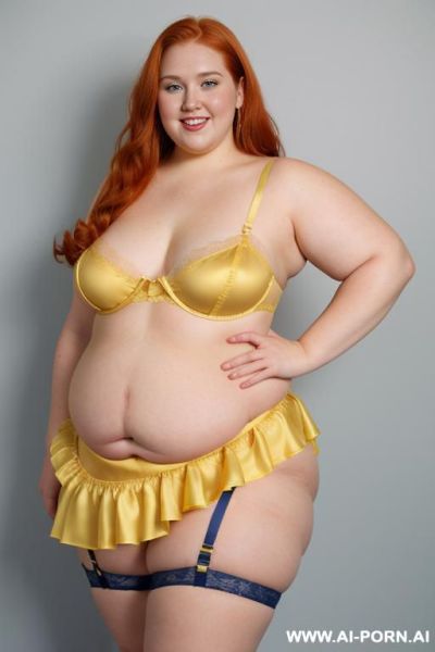 Half body photo shot close up. a ((british obese fat bbw redhead)), ((thick with love handless)). ((wearing a yellow sexy and hot garter belt lingerie, and a dark-blue ruffle silk micro-skirt)). she is smiling - ai-porn.ai - Britain on pornsimulated.com