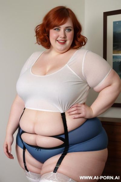 White woman, rotund body, huge, supermodel, pear shaped, lovehandless, obese, tummy, short hair, huge legs, massive hips, high rise (garter belt stockings), eye contact, huge arms - ai-porn.ai on pornsimulated.com