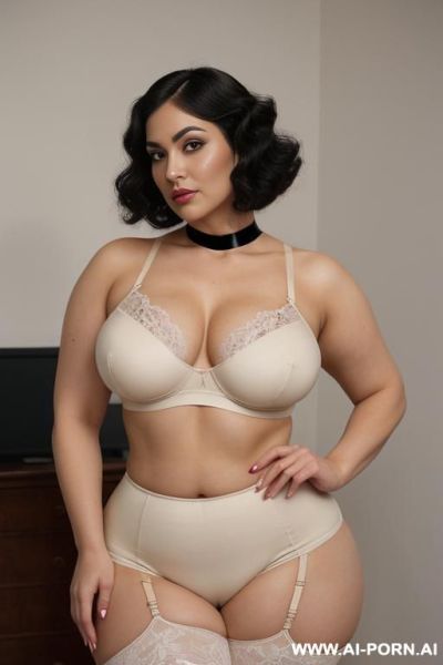 Long black finger wave hairstyle, persian, narrow eyes, pointy nose, high cheekbokes, ((heavy perky hanging breasts)), seductive sexy grin, dimples, fit bbw voluptuous hourglass figure, big full large - ai-porn.ai - Iran on pornsimulated.com