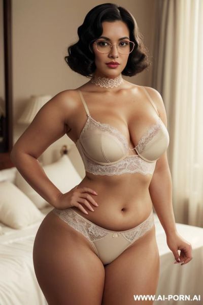 Long black finger wave hairstyle, persian, narrow eyes, pointy nose, high cheekbokes, ((heavy perky hanging breasts)), no cleavage, seductive sexy grin, dimples, fit bbw voluptuous hourglass figure, - ai-porn.ai - Iran on pornsimulated.com