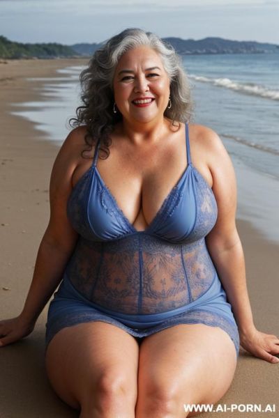 Old sexy bbw in a sun dress on a beach . - ai-porn.ai on pornsimulated.com