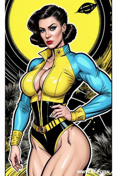 (((keep body shape)))!!! image comic-drawing vintage style, sci-fi, atompunk, slender body in the sci-fi city, sci-fi yellow jacket, fantasy arab dress, sci-fi cap, in white background, image comic-drawing vintage style - ai-porn.ai on pornsimulated.com