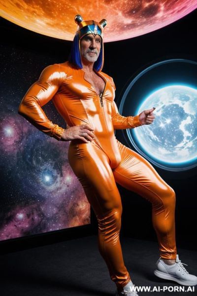 The hyper-muscular old gay, dressed in a fantasy bodysuit, enters the spaceship. his chest, abs, buttocks, arms, and legs are clearly defined, and his huge cock protrudes from under the bodysuit. - ai-porn.ai on pornsimulated.com