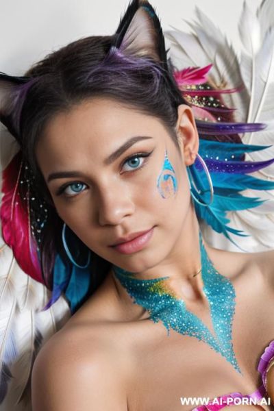 Face, sexy, beautiful, ((face painting)), ((body painting)), ((bikini as seashell)), ((roses)), ((eyes shw)), ((angel wings)), ((rainbow hair)), ((glitter)), ((long bu hair)), ((heterochromia eyes)), ((wind)), - ai-porn.ai on pornsimulated.com