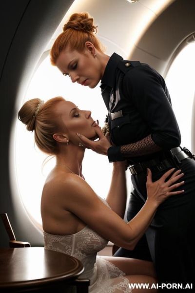 Beautiful hypnotized bimbo, wearing her revealing wedding dress, kneels for pov sex in front of you, on a private jet scene - ai-porn.ai on pornsimulated.com