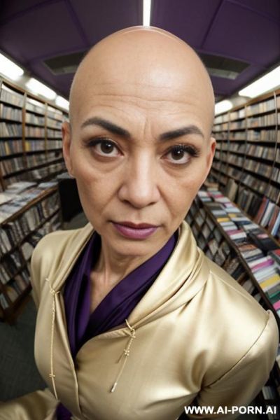 ((((view fish eye lens)))) up level shot forehead in closedup hyperrealism painting: slender bald old japanese librarian, age twenty, ((aa cup teardrop boobs)), on the desert field, bald head, - ai-porn.ai - Japan on pornsimulated.com