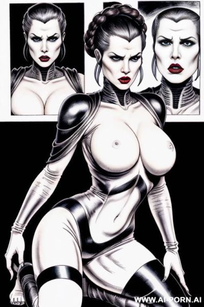 ((((image comic-drawing cartoon style)))) by giger. show two lesbian super model porn stars, two busty lesbians, beautiful super model face , lesbians itting while other sci-fi lesbian kneeling by - ai-porn.ai on pornsimulated.com