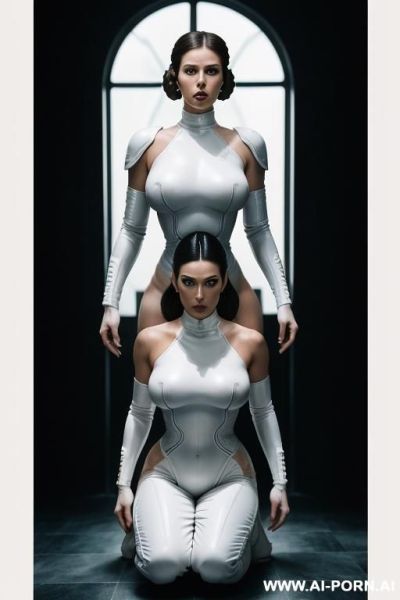 ((((image photography style)))) by giger. show two lesbian super model porn stars, two busty lesbians, beautiful super model face , lesbians itting while other sci-fi lesbian kneeling by her side - ai-porn.ai on pornsimulated.com