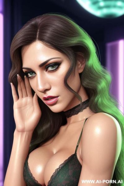 ((massive breasts)), wide hips, v-tappered abs, light muscle definition, thick voluminous hair, long wavy hair, ((copper hair)), (((green eyes))), seductive eyes, eye contact, ((green lace lingerie)), (cleavage), sotting on bed - ai-porn.ai on pornsimulated.com