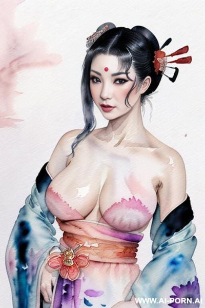 ((((image comic-drawing watercolor style)))) ((((porcelain skin)))) ((((pretty tits)))) ((((seductive gaze)))) ((((geisha)))) smile , shocked face , standing on , ((((open kimono over the shoulders)))) , - ai-porn.ai on pornsimulated.com