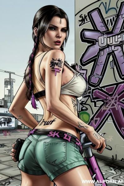 ((((image comic-drawing grand theft auto style)))) down level shot boobs in closedup ((((sky landscape)))) at the outdoor in the roller park ((((seductive gaze)))) from behind pretty italian woman - ai-porn.ai - Italy on pornsimulated.com