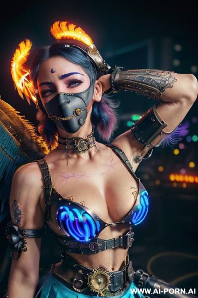 ((((masterpiece)))), (((woman sitting))), (glowing red eyes), (long blue purple and white hair with a flower), ((crop top white collar shirt with red tie)), ((((flaming angel wing)))), ((navy formal - ai-porn.ai on pornsimulated.com