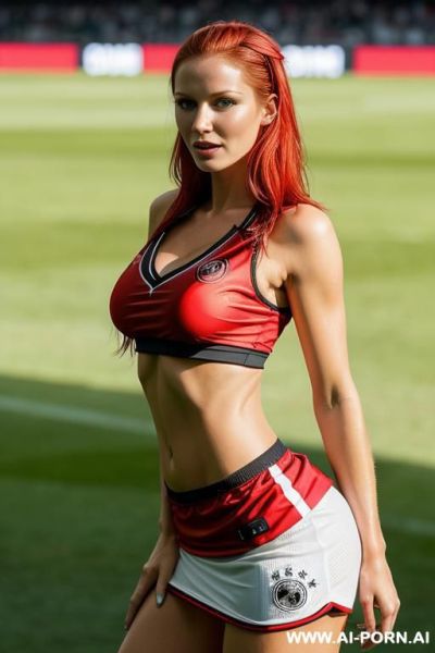(german) football woman, perky tits, tightest naughty soccer uniform sports thong and enhancing sports bra, sexy red hairy pussy, horny look on her face. - ai-porn.ai - Germany on pornsimulated.com